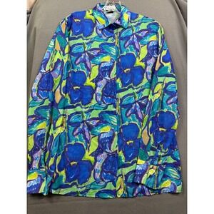 Renzo Women Floral Button Down Shirt Blue Green Long Sleeve Artistic Print XS/S